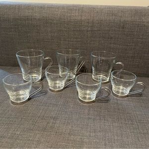 Vitrosax Italy Retro Clear Glass Espresso Cups Mugs Stainless Steel Handles 7 Ct